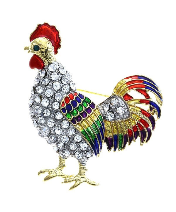 Rooster Fighting Multicolor Enameled Rhinestones