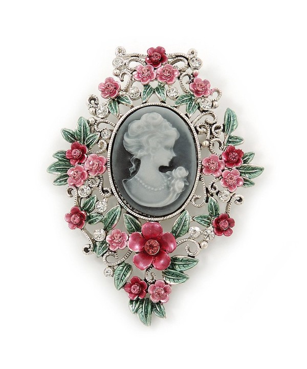 Green Floral Cameo Brooch Silver