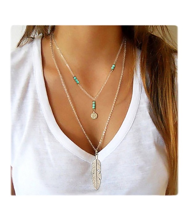 Wowanoo Layered Pendant Necklace Feather