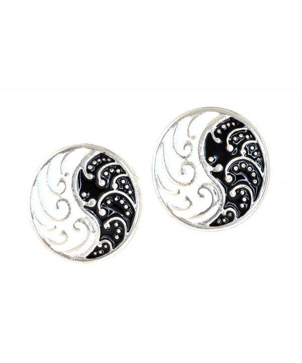 Siver tone Waves Black Enamel Earrings