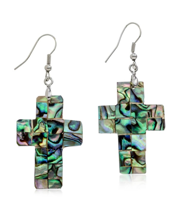 Abalone Cross Silvertone Dangle Earrings