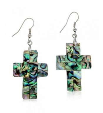 Abalone Cross Silvertone Dangle Earrings