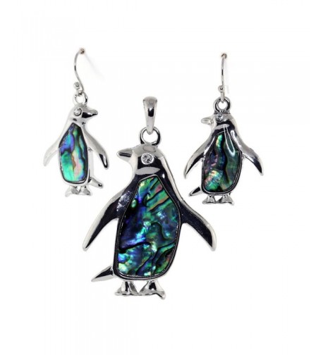 Silver Tone Penguin Abalone Necklace Earrings