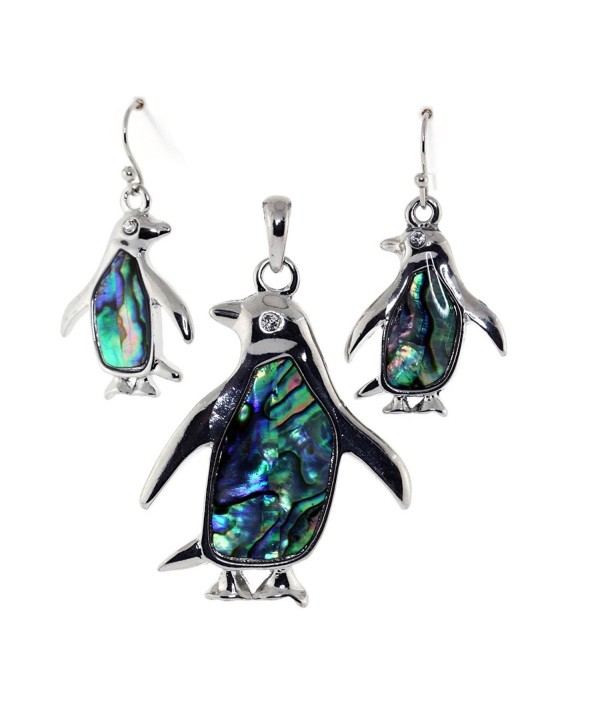 Silver Tone Penguin Abalone Necklace Earrings