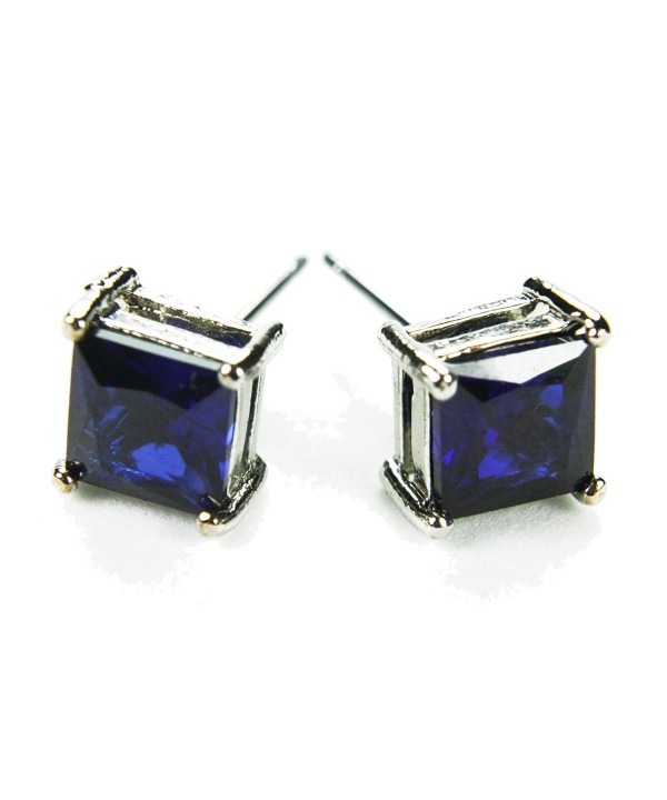 CZ Princess Stud Earrings Sapphire Colored Post