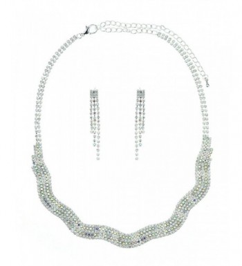 Multi Row Rhinestone Necklace Earrings Silver Tone